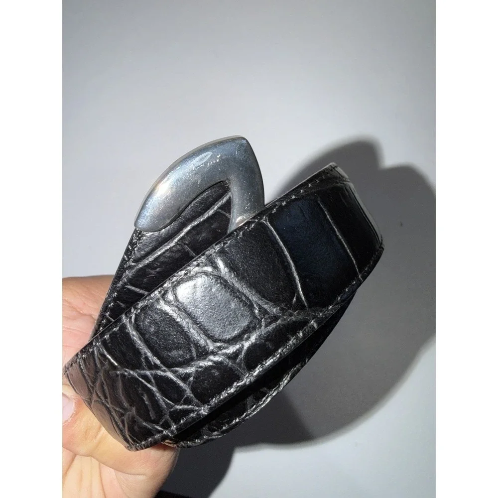 Eurometal Made In Italy Black Leather‎ Belt Silver Tone Embossed Sz 34